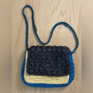 J Crew Colorblock Raffia Paper Straw Chain Crossbody Bag purse handbag navy